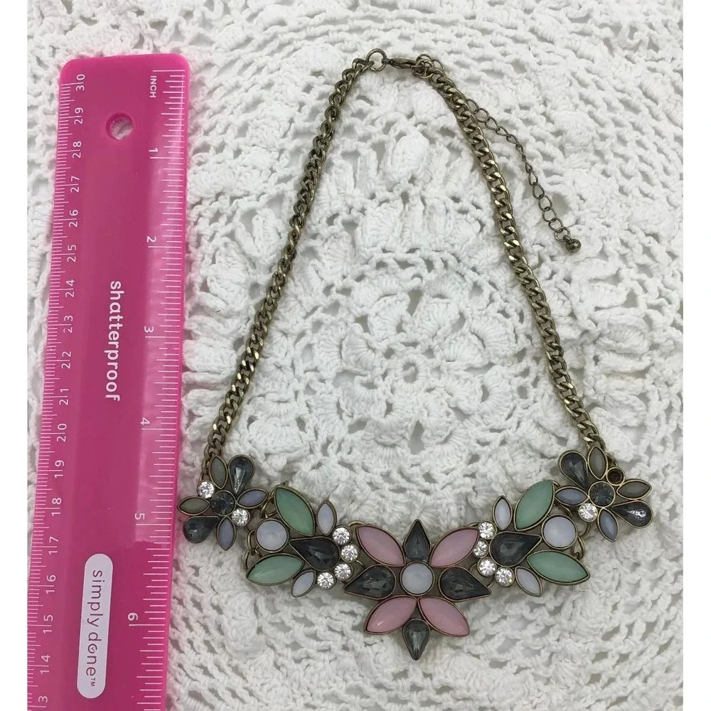 VTG Brass Floral Chunky Bib Statement Rhinestone Bold Boho Whimsical Curb Chain